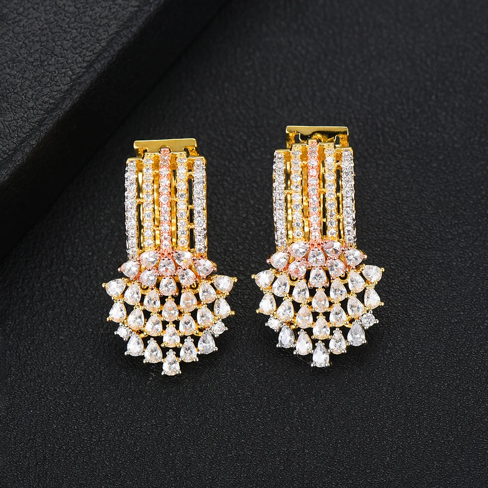 GODKI Exclusive Tassel Hoop Earring For Women Wedding Popular 3Tone Geometry Full Mirco Cubic Zircon Nigerian Hoop Earrings