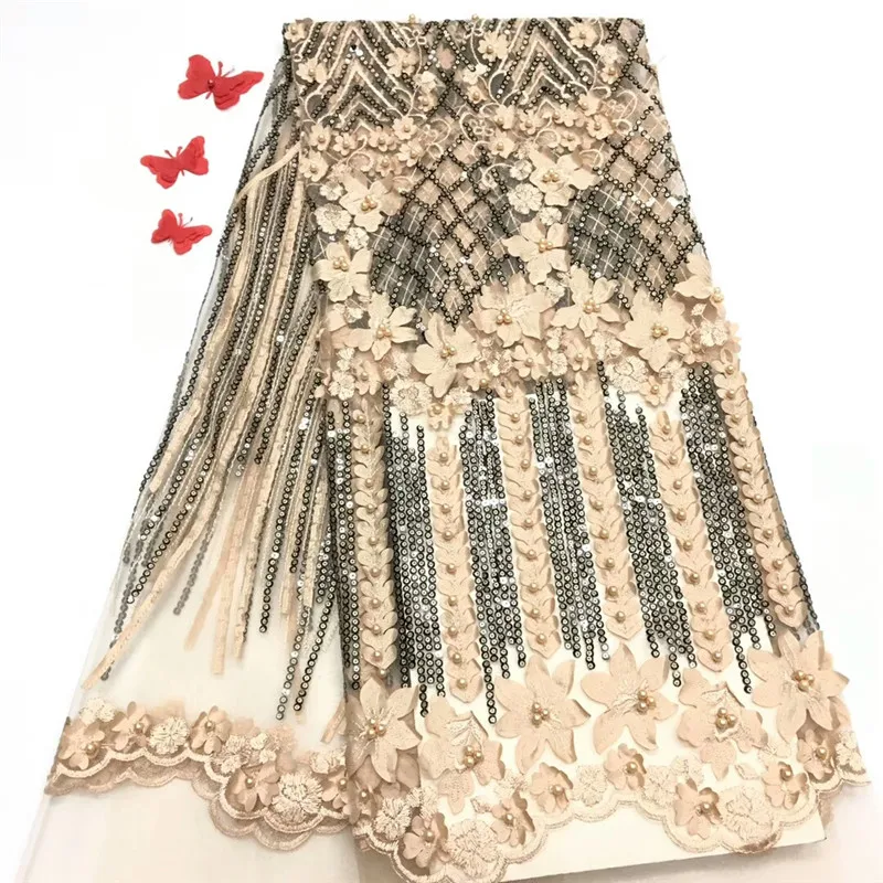 

Nigerian lace fabrics for wedding dress 2019 3d French lace fabric African tulle lace applique with beads and sequins rof65-1336