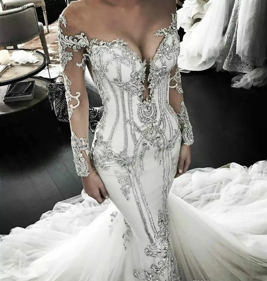 

Luxury Long Sleeve Wedding Dress Mermaid Off Shoulders Lace Appliques Bodice Garden Country Church Bride Bridal Gown Custom Made