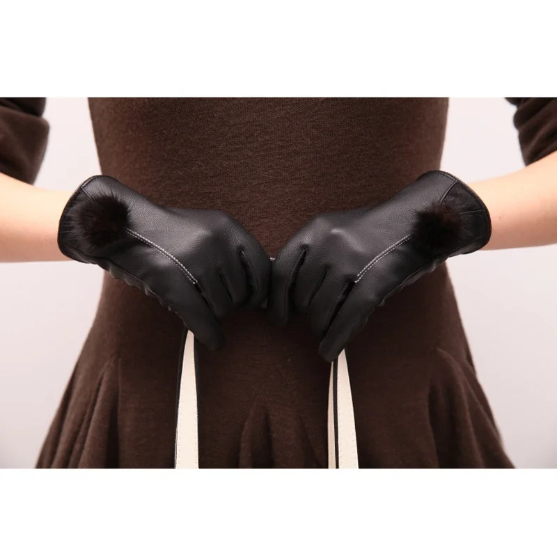 

Female Gloves Winter Warm Black PU Leather Gloves Touch Screen Mittens For Woman