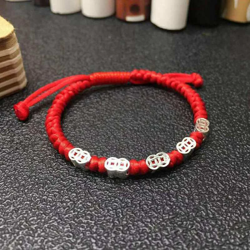 Китайские древние монеты бусины красная веревка на удачу стерлингового серебра 925 женский браслет для ребенка амулет ювелирные изделия YBR063