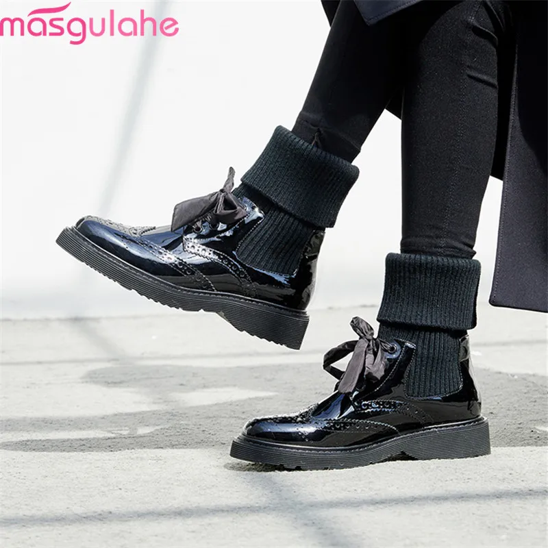 

Masgulahe 2019 new arrival ankle boots for women round toe patent leather shoes bowknot autumn boots punk woman casual shoes