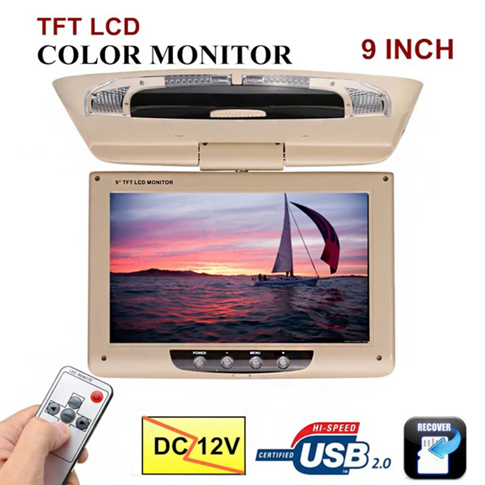 

VEHEMO 9 Inch 180 Degree TFT-LCD Car Monitor Ceiling Roof Mount Display Overhead Multimedia Rotatable Video Recorder