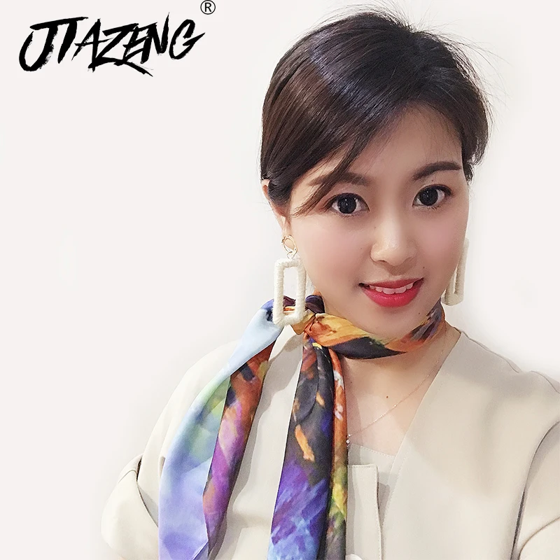 

Colorful Oil Painting Boat Women Scarf Scarves Luxury Square Silk Scarf New Print Hand Wrap Accessories 70*70 Soft Shawl 2019