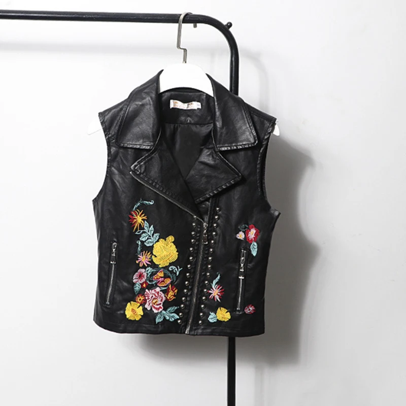 

2019 High Quality Rivet Embroidered PU Vests Ladies Novelty Motorcycle Zippers Faux Leather Vest Black Slim WaistCoat Female