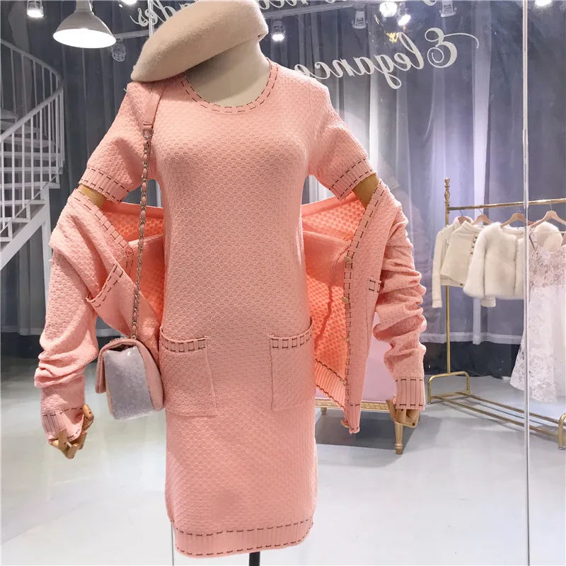 ALPHALMODA Autumn Winter Elegant Knitted Cardigans+ Short-sleeved Knit Dress Women OL Casual Suits