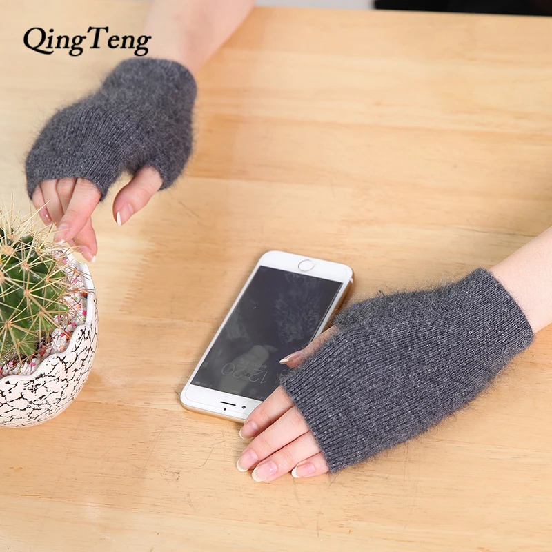 

Mittens For Women Short Knitted Mink Cashmere Without Fingers Candy Color Warm Touch Screen Gloves For Winter Woolen Black Red