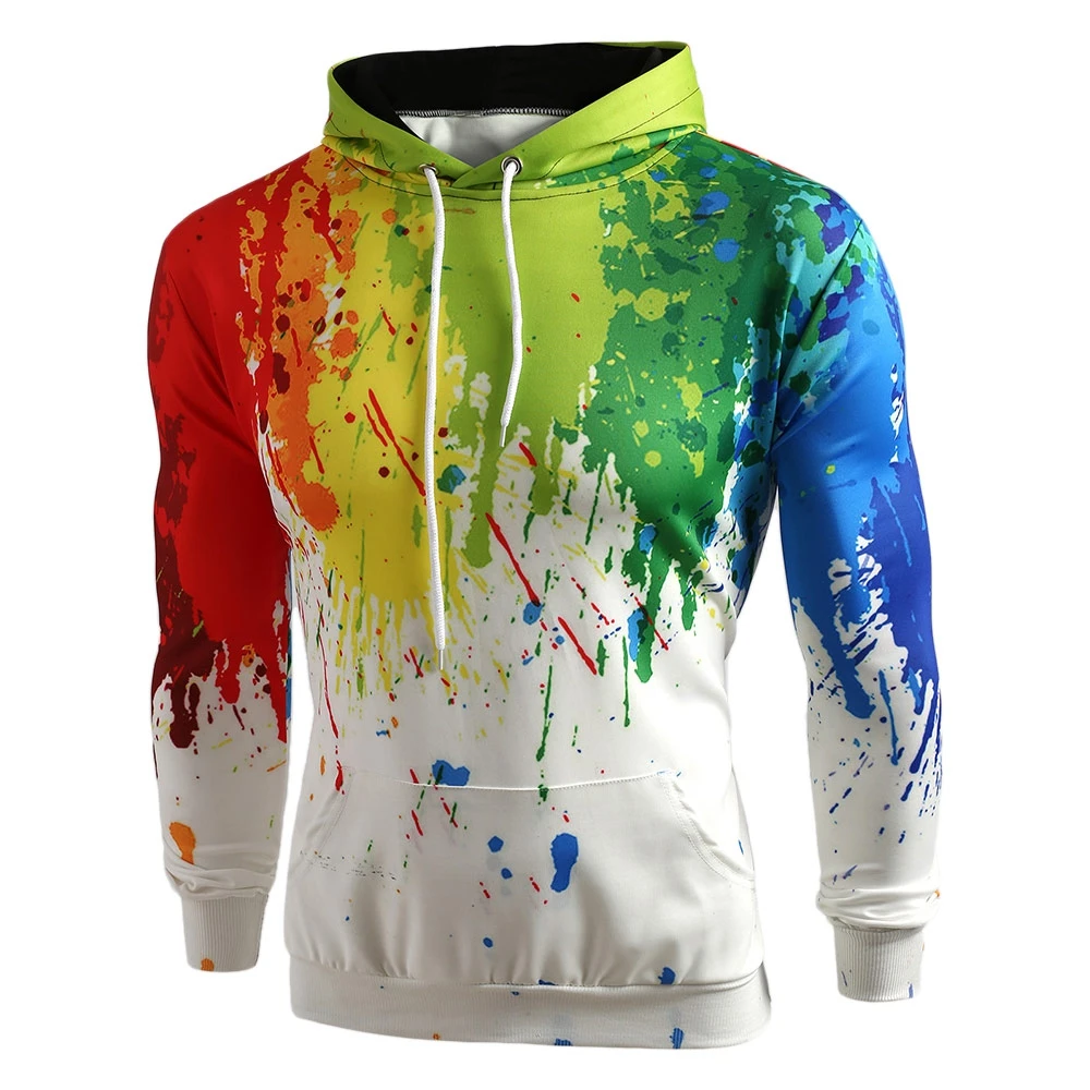 Drawstring Paint Splatter Printed Hoodeis Men Sweatshirts Pullover
