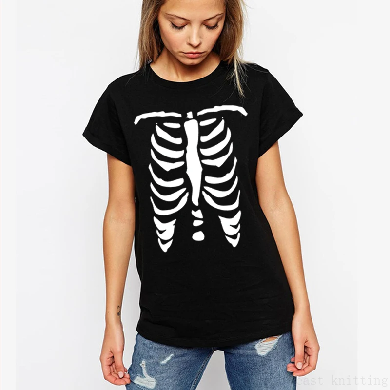

New Women Skeleton T shirt Summer Funny Halloween Ribcage Black Casual Tops