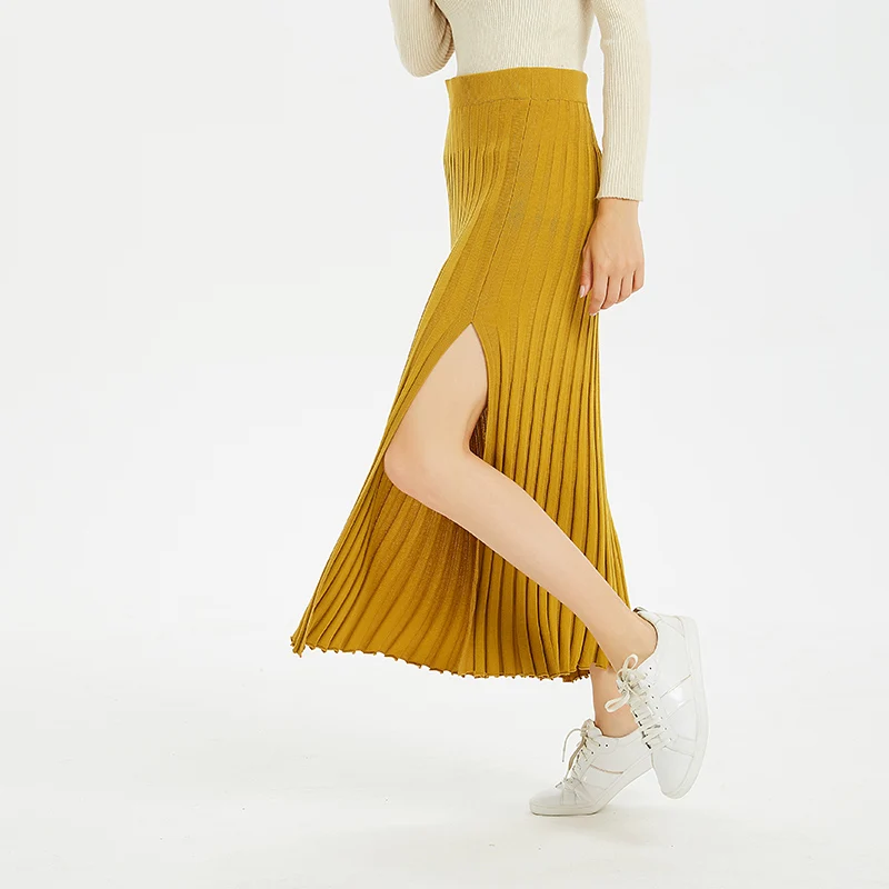 2019 Women Autumn Long Skirts Streetwear Straight Ankle-Length Empire Knitting Cotton Yellow Color Side Cut Lady Pleated Skirt