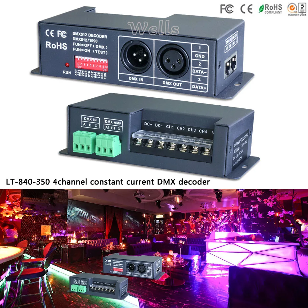 

led controller LT-840-350 4CH DMX512 led constant current DMX-PWM Decoder;DC12V-DC48V input;350mA CC*4CH output