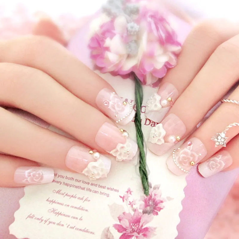 Накладные ногти для девочек, 24 шт., полностью покрытые, 3D Резные Цветы, накладные ногти, блестящие стразы для свадебной вечеринки, дизайн ногтей с клеем