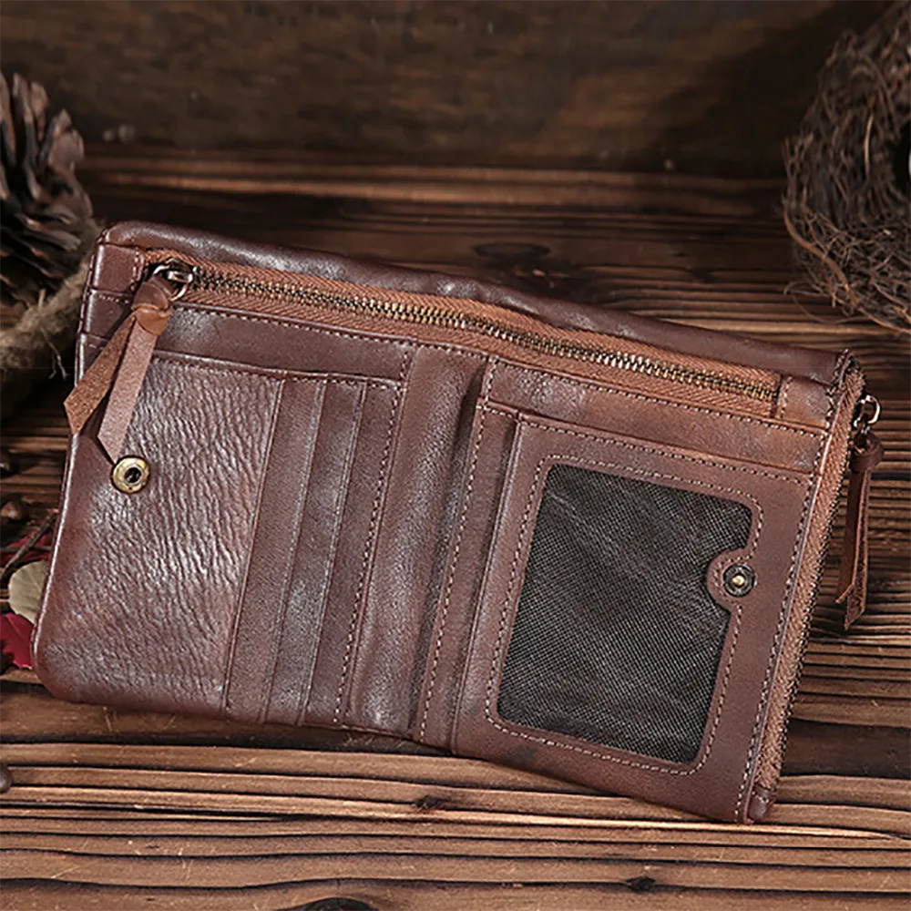 Men Genuine Leather Bifold Wallet Real First Layer Cowhide Short Purse