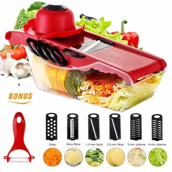 

Vegetable Slicer Cutter of Godmorn - 6 Interchangeable Blades with Peeler Storage Container Cutter for Potato,Tomato, Onion etc