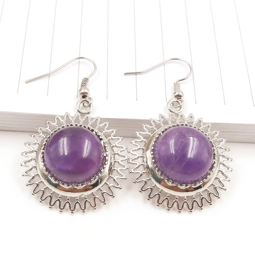 

FYJS Unique Silver Plated Round Cabochon Natural Amethysts Stone Earrings Sun Flower Jewelry