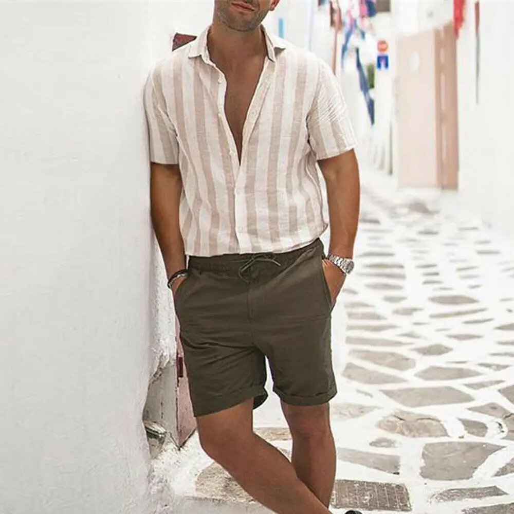 2019 Men Fashion Short Sleeve Regular Fit Button Down Shirt Casual Vertical Striped Shirt Stylish Formal Casual Shirt Top