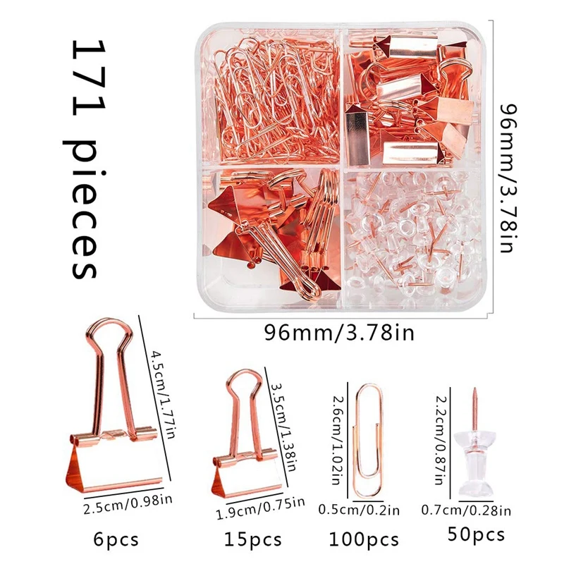171Pcs Rose Gold Office Stationery Set 50 Travel Map Push Pins 100 Paper Clips 21 Paper Binder Clips Foldback Clips Clamp with