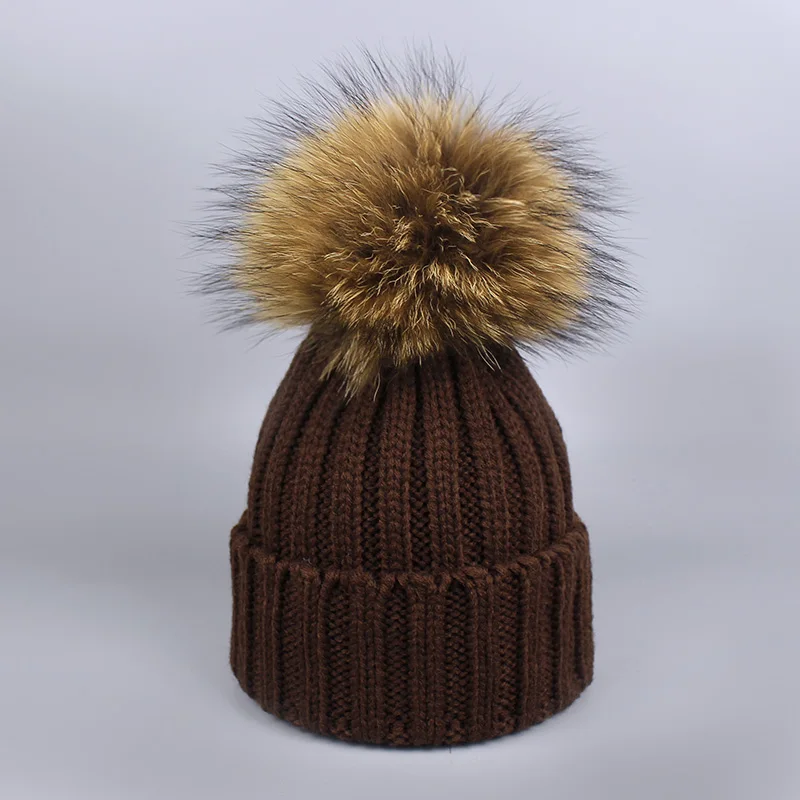 Hat Coffee Г. Шапка с помпоном для девочек, теплые вязаные с помпоном из меха, шапка с помпоном и шарф, комплект, детская зимняя шапка с помпоном из натурального меха енота, Skullies - Цвет: Hat Coffee