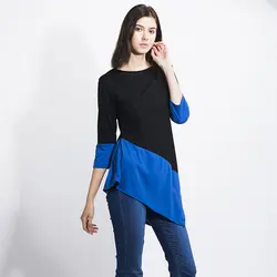 Мода три четверти рукав для женщин футболки АСИММЕТРИЧНЫМ ПОДОЛОМ футболка 2019 Лидер продаж контрастного цвета средней длины женская