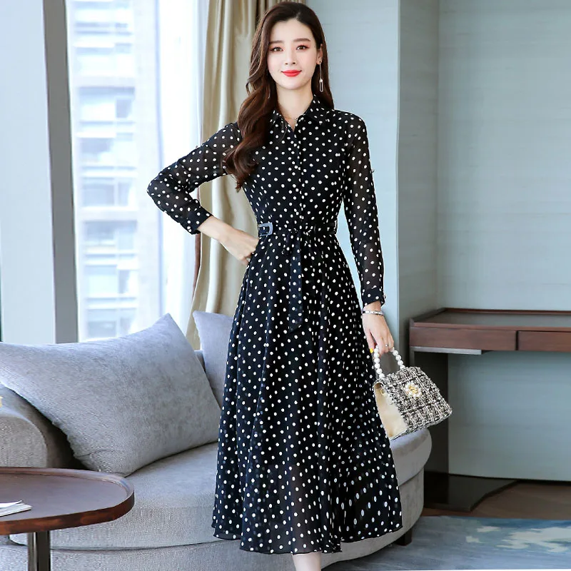 

Black White Red Long Chiffon Dresses Casual Office Ladies Turn-Down Collar Buttons Shirt Dress Long Sleeve Polka Dot Dress Women