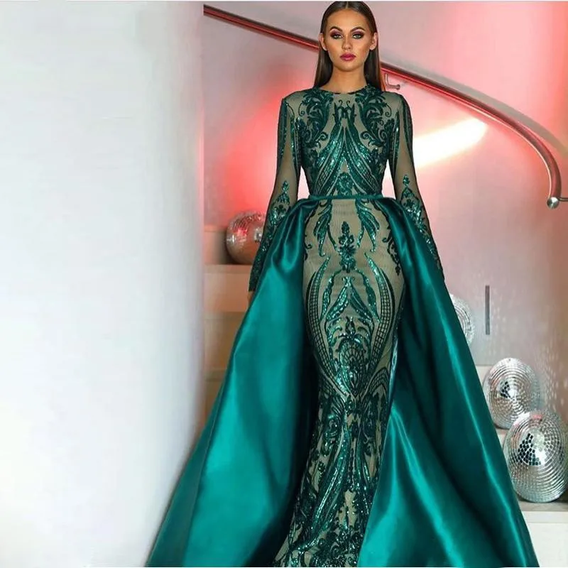 Элегантный темно-зеленый с длинным рукавом Вечерние платья со съемной Поезд блесток Moroccan мусульманское платье официальная Вечеринка