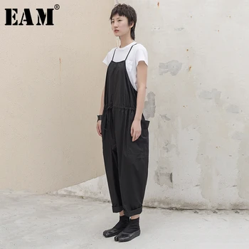 

[EAM] 2020 New Spring Autumn High Waist Pockest Drawstring Split Joint Long Wide Leg Loose Pants Women Overalls Fashion JW531