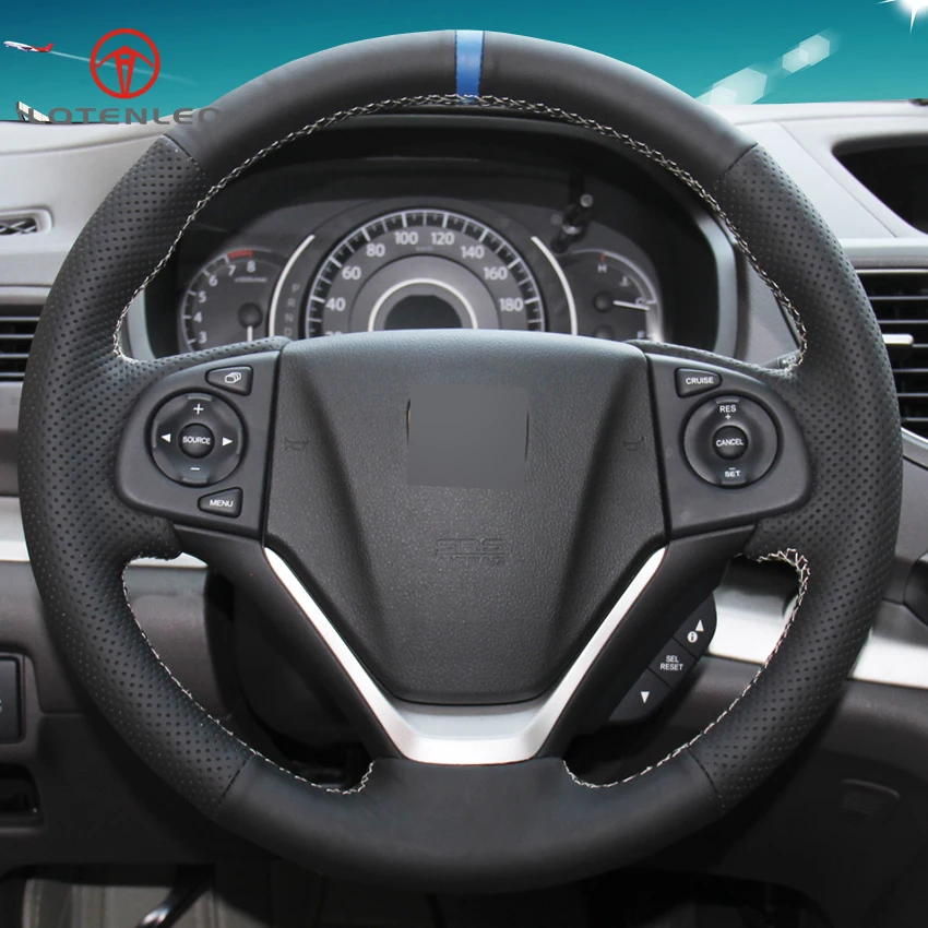 LQTENLEO Black Genuine Leather DIY Hand stitched Car Steering Wheel Cover for Honda CRV CR V