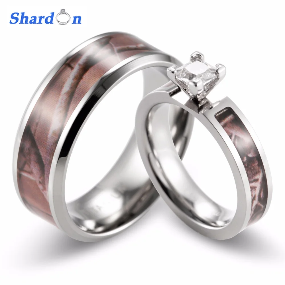 

SHARDON Real Tree Camo Ring Set Women Titanium 4 Prong Setting CZ Engagement Ring with Camo Wedding Band Set-2pcs
