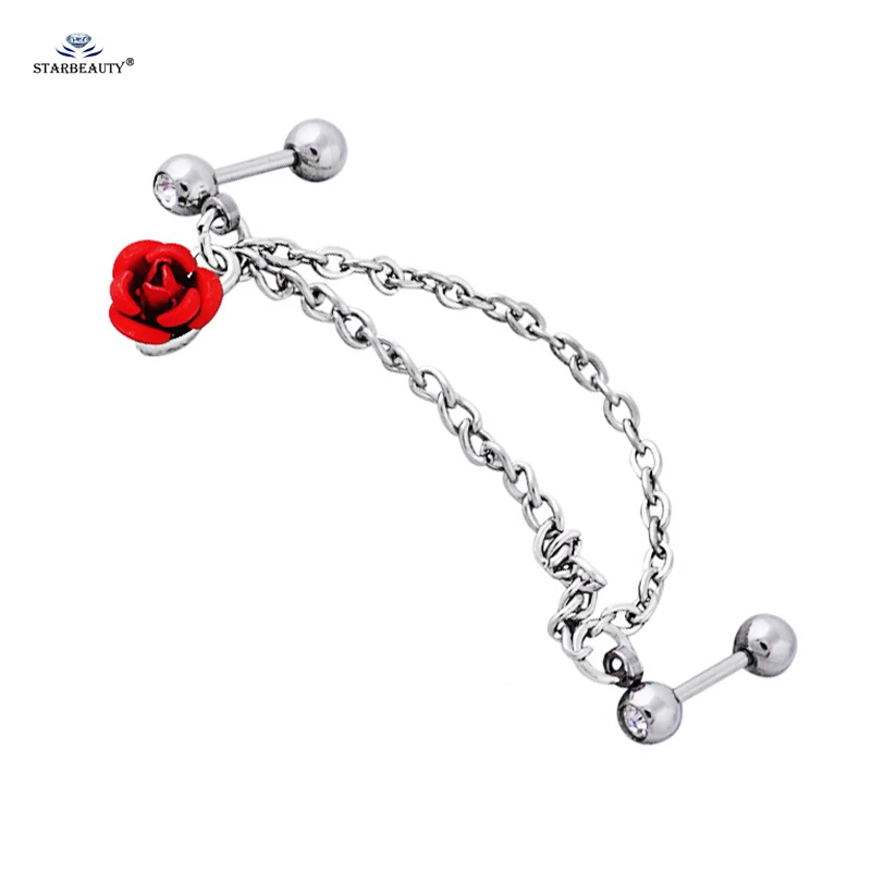

Romantic Red Rose Flower Tassel Earrings Helix Piercing Tragus Piercing Cartilage Earrings Stainless Steel Nose Ring Ear Jewelry
