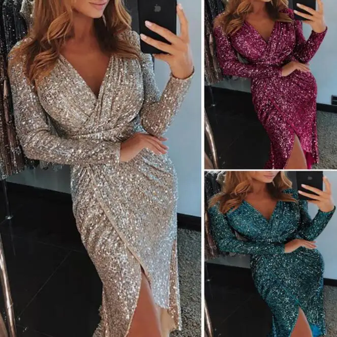 

2019 new women's sequined long-sleeved v-neck sparkly dress dress dinner sexy dress
