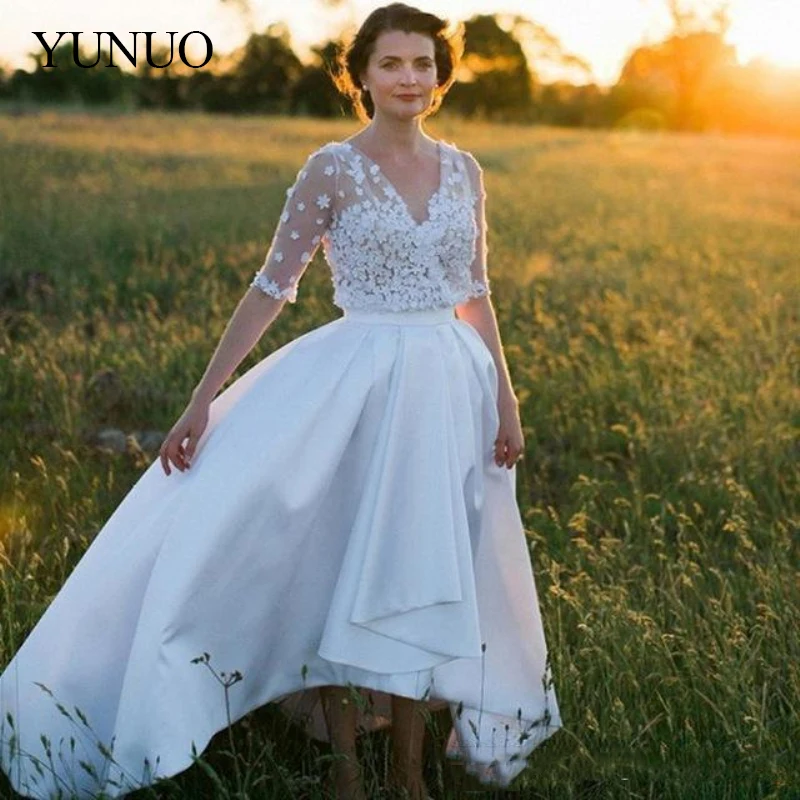 2019 High Low Country Wedding Dresses with Applique Illusion Half Sleeves Bridal Gowns V Neck Sexy Buttons Back Formal Party A Line Dress (2)-