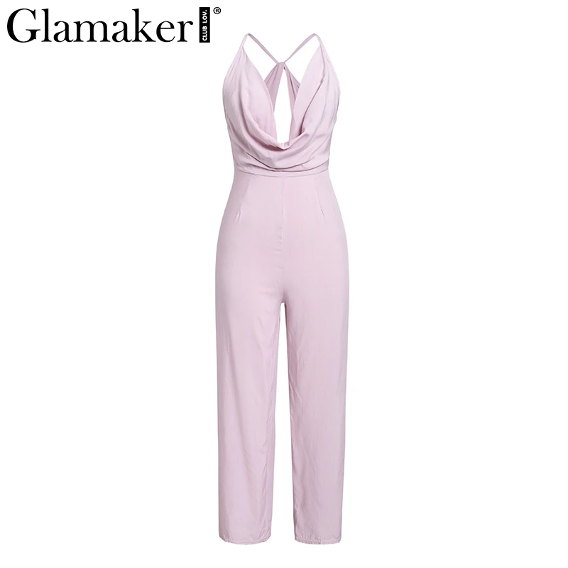 Glamaker Elegant solid deep V neck loose jumpsuit Women Casual holiday beach spring long playsuit Summer sleeveless sexy romper