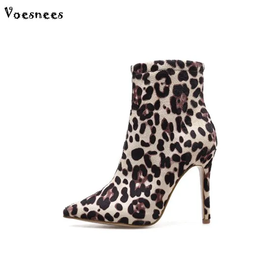 

HOT Winter Fashion Leopard Flock Women's Ankle Boots 2018 New Arrival Zip Pointed Toe Shoes Sexy High Heels 10.5CM Females Shoes