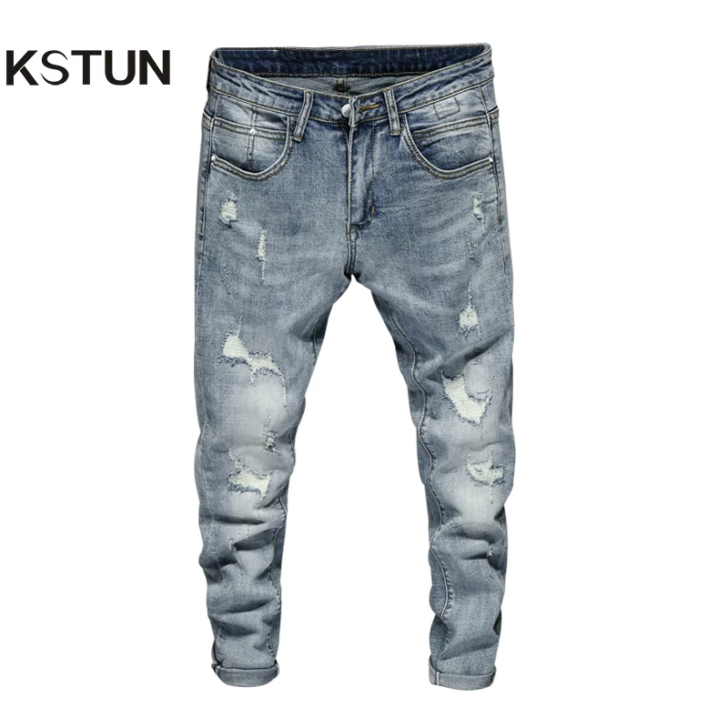 

New Fashion High Street Style Male Jeans Elasticity Slim Fit Hole Ripped Frayed Casual Men Long Pants Trousers Brand Biker Jean