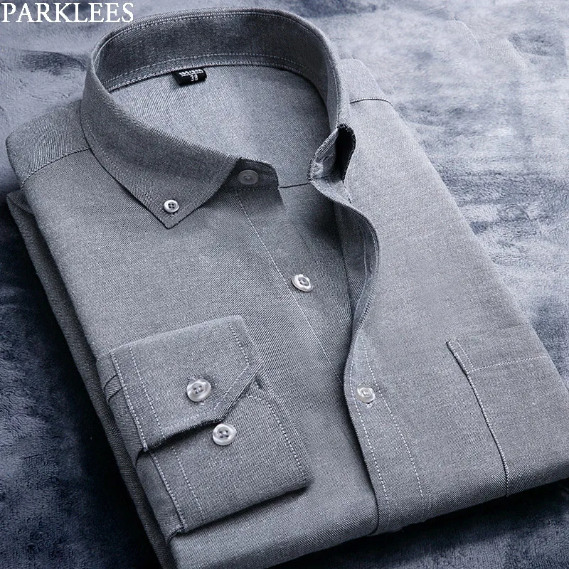 Solid Oxford Cotton Shirt Men Business Casual Long Sleeve Male Gray