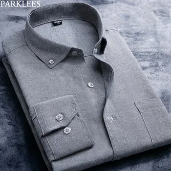 

Solid Oxford Cotton Shirt Men Business Casual Long Sleeve Male Gray Button Down Dress Shirts Pocket Slim Fit Work Chemise Homme