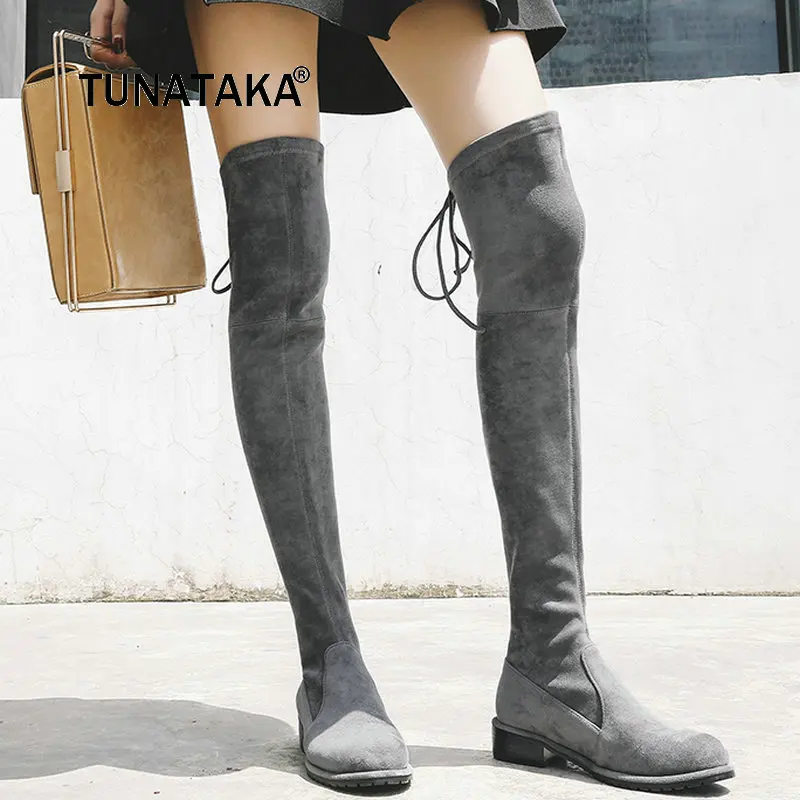 

Ladies Suede Comfortable Low Heel Stretch Thigh Boots Fashion Round Toe Over The Knee Boots Black Pink Gray