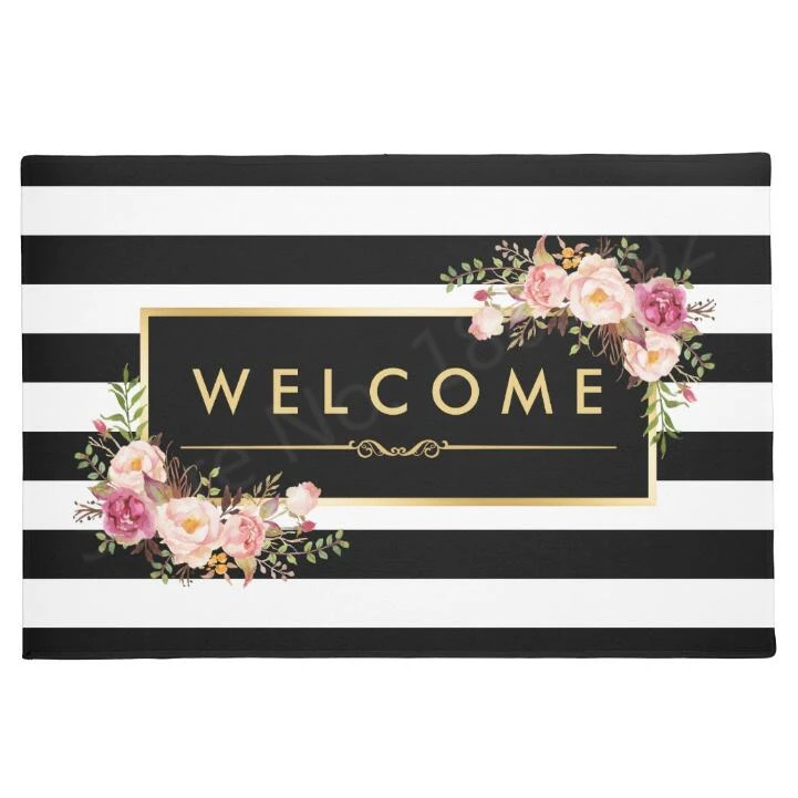 Стильный черно-белый полосатый Красивый Цветочный Коврик для двери стильный шикарный резиновый дверной коврик для входной двери пол спальня комната Домашний декор