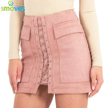 Smoves Women's Vintage High Waist External Pocket Tight Suede Lace Up Skirt Autumn Winter Thick Pencil Skirt Preppy Mini Skirt