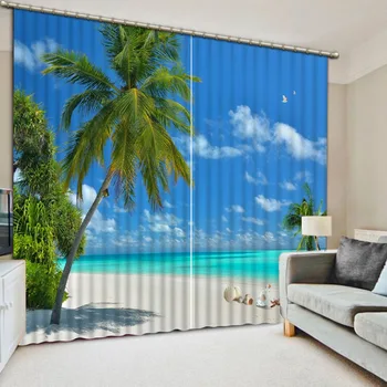 

Photo Customize size Blue sky, white clouds, beach photo Blackout Window Drapes Luxury 3D Curtains For Living room Bed room