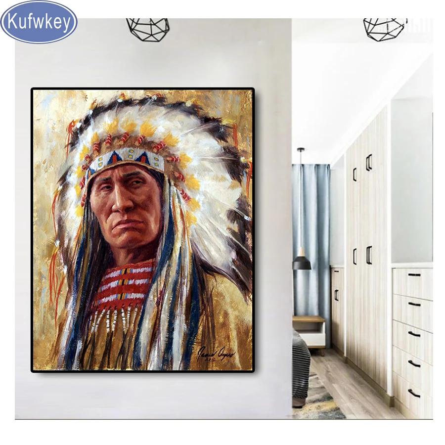 

full display 5D DIY Diamond Painting Cross Stitch Native American Indian with Feather Embroidery square Rhinestones Mosaic decor