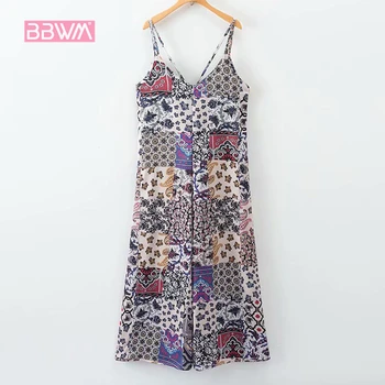 

Elegant women's 2018 summer new geometric floral sling female printed jumpsuit