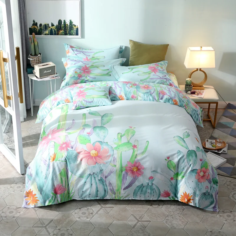 

Cotton Printed Bedding Set Queen King Size Duvet Cover Bed Sheet with Pillowcase Flower Leaf Lotus Cactus Peacock Flamingos