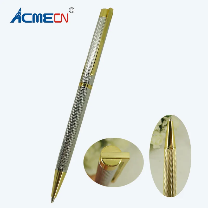 

ACMECN Newest Drafting Design Twist Slim Ballpoint Pen Office Writing Instrument Craft Stationery Spring Clip Silver & Gold Pen