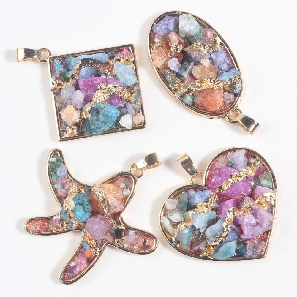 

xinshangmie Personalized Light Yellow Gold Color Natural Crystal Small Stone Dyed Starfish Rhombus Triangular Shape Pendant