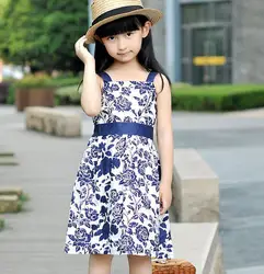 Лето девушки одеваются голубой цветочный ремень сарафан ну вечеринку дети / детская одежда розница и опт