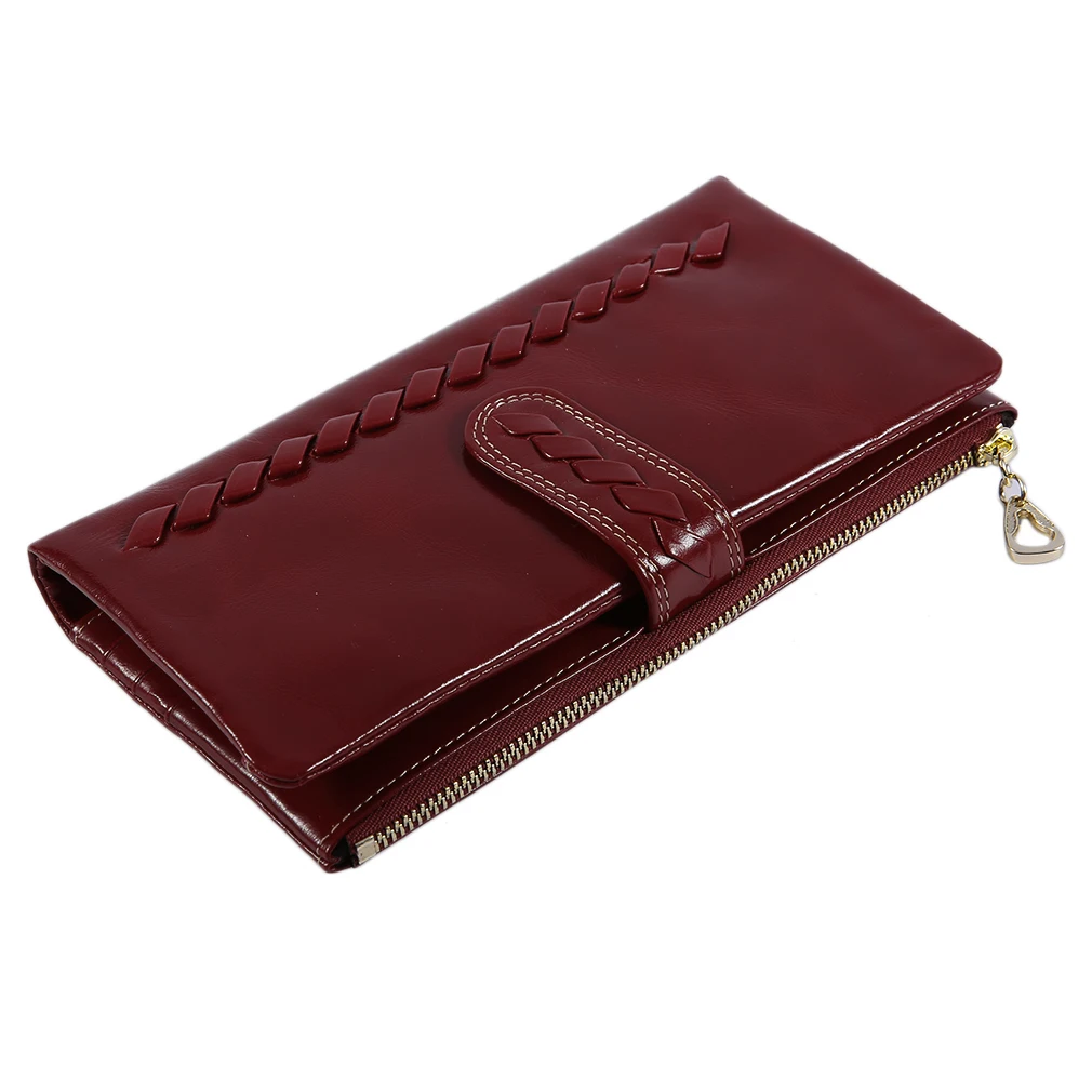 

Europe Fashion Women Wallets Handmade Weave Ladies Purse Zipper Clutch Purse Oil Wax Leather Long Soft Handbag Gift