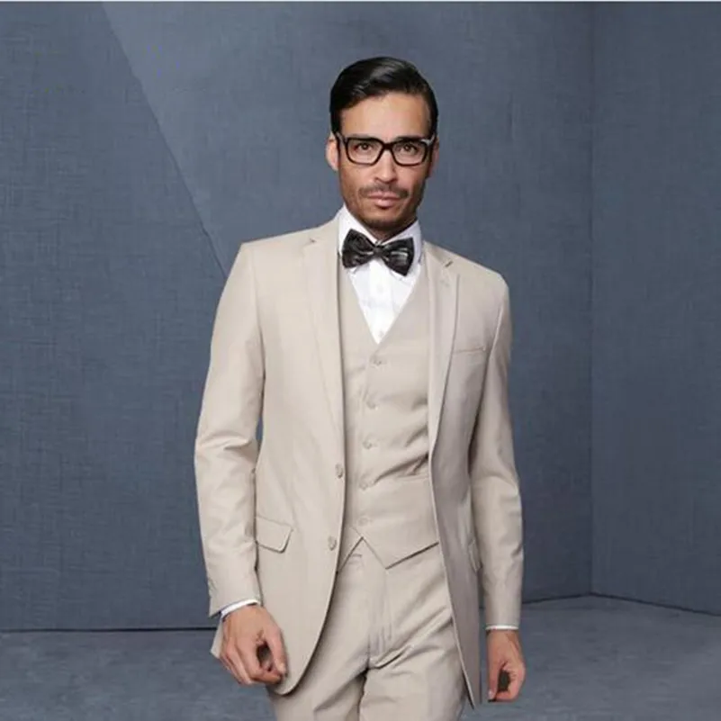 

Fashion Beige Mens Tuxedo Slim Fit New Arrival Groom Tuxedo Peak Lapel Groomsmen Wedding Suits (Jacket+Pant+vest)