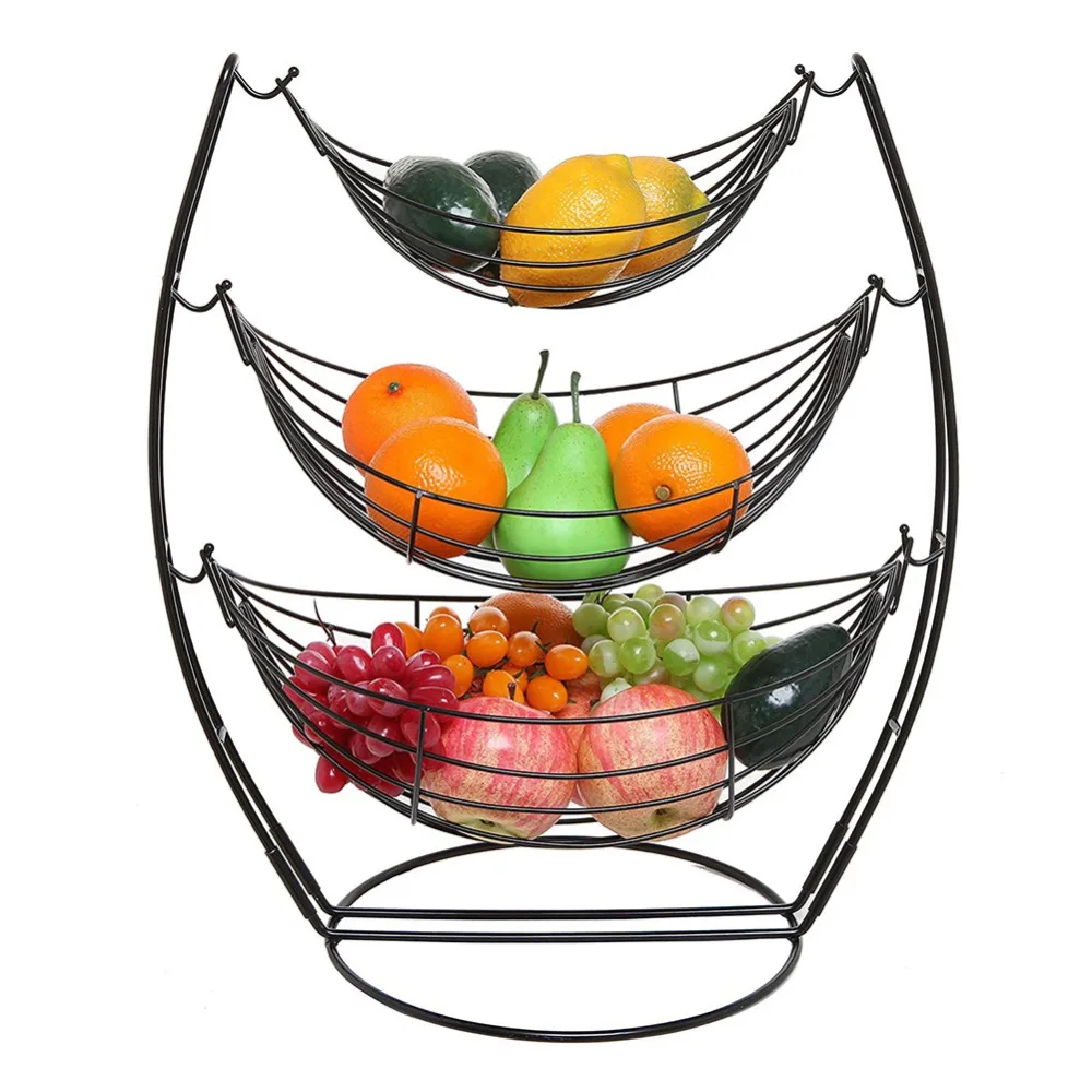 3 Tier Black Triple Hammock Fruit/Vegetables/Produce Metal Basket Rack