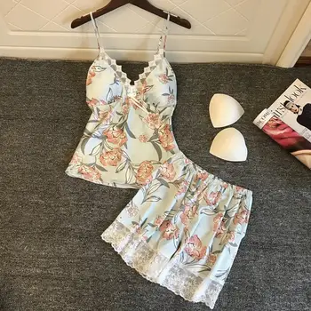 

Summer Women Pajamas Sets Shorts Silk Homewear Satin Flower Print Sexy Pijama Strapless Pyjamas Set Sleepwear With Chest Pad 901
